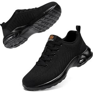 New DYKHMILY Womens Size 9W Wide Black Mesh Steel Toe Lace Up Safety Work Shoes